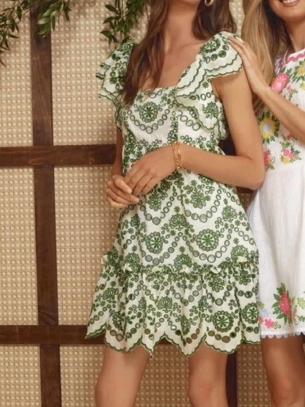Cara Cara White Mini Dress with Green Floral Embroidery